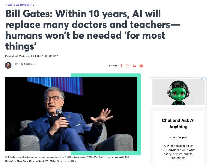 Bill Gates: Within 10 years, AI will replace many doctors and teachers